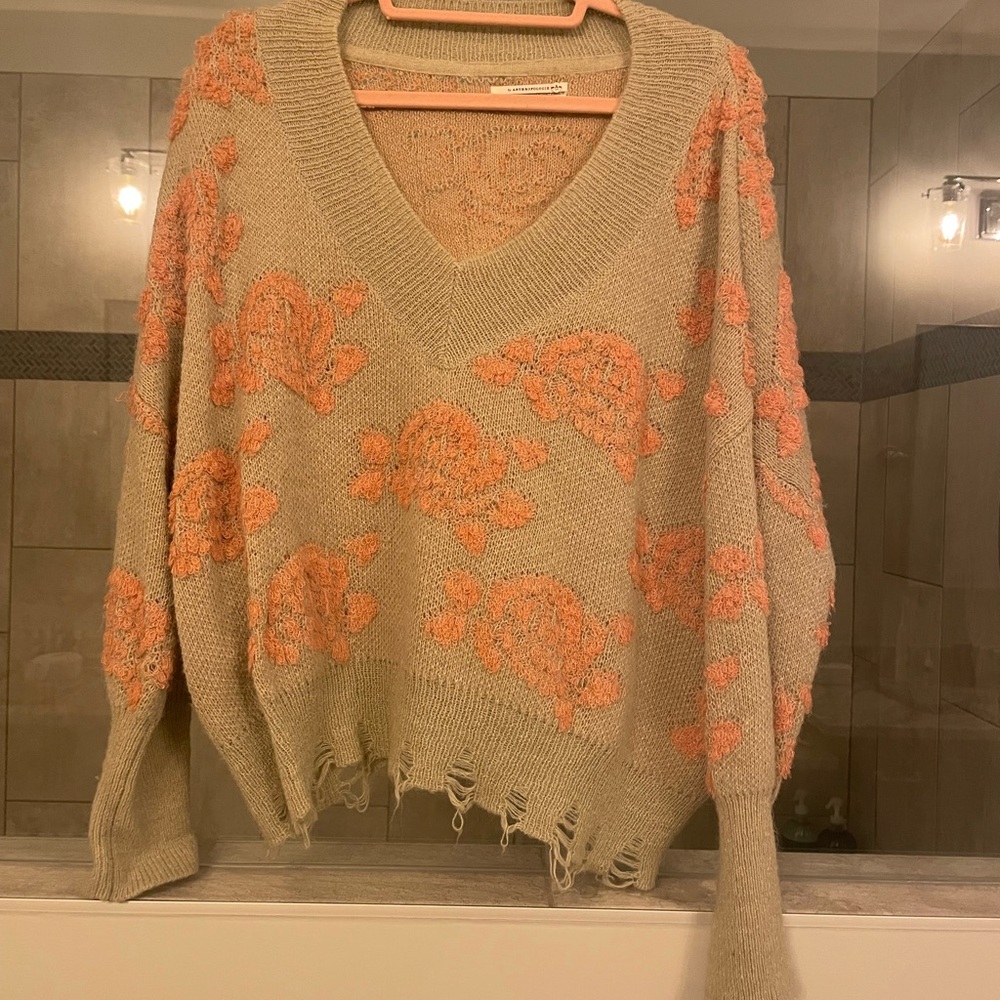 Anthropologie Tan and Pink V-Neck Sweater with Abstract Floral Design